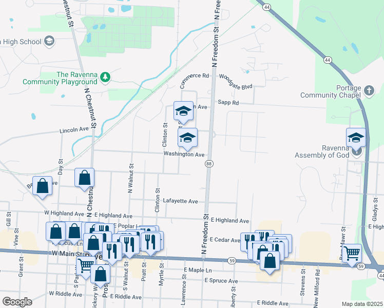 map of restaurants, bars, coffee shops, grocery stores, and more near 531 Washington Avenue in Ravenna