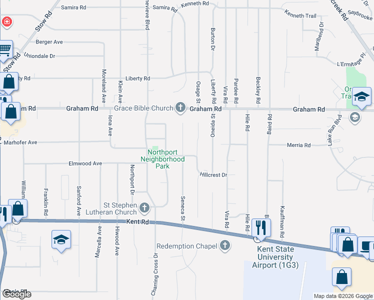 map of restaurants, bars, coffee shops, grocery stores, and more near 3833 Seneca Street in Stow