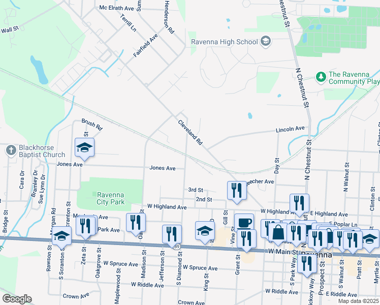 map of restaurants, bars, coffee shops, grocery stores, and more near 643 Cleveland Road in Ravenna