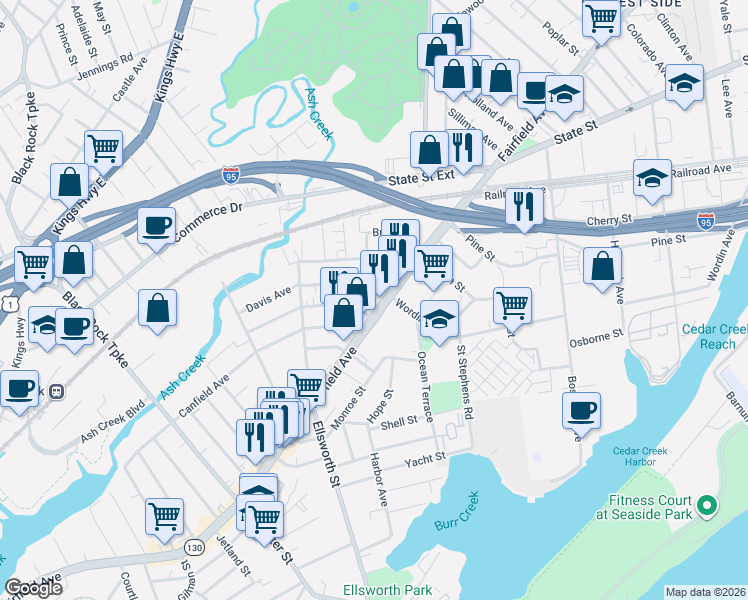 map of restaurants, bars, coffee shops, grocery stores, and more near 25 Whittier Street in Bridgeport