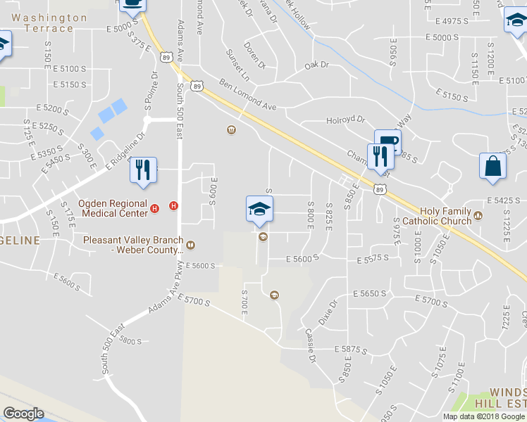 map of restaurants, bars, coffee shops, grocery stores, and more near 5449 South 700 East in Ogden