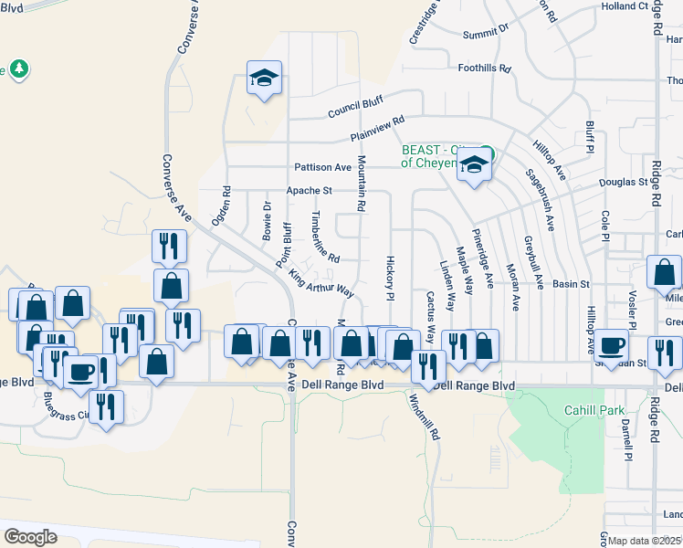 map of restaurants, bars, coffee shops, grocery stores, and more near 4960 Mountain Road in Cheyenne