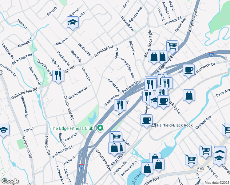 map of restaurants, bars, coffee shops, grocery stores, and more near 141 Sunset Avenue in Fairfield