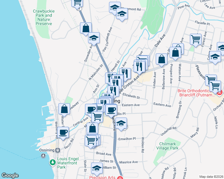 map of restaurants, bars, coffee shops, grocery stores, and more near 58 North Highland Avenue in Ossining