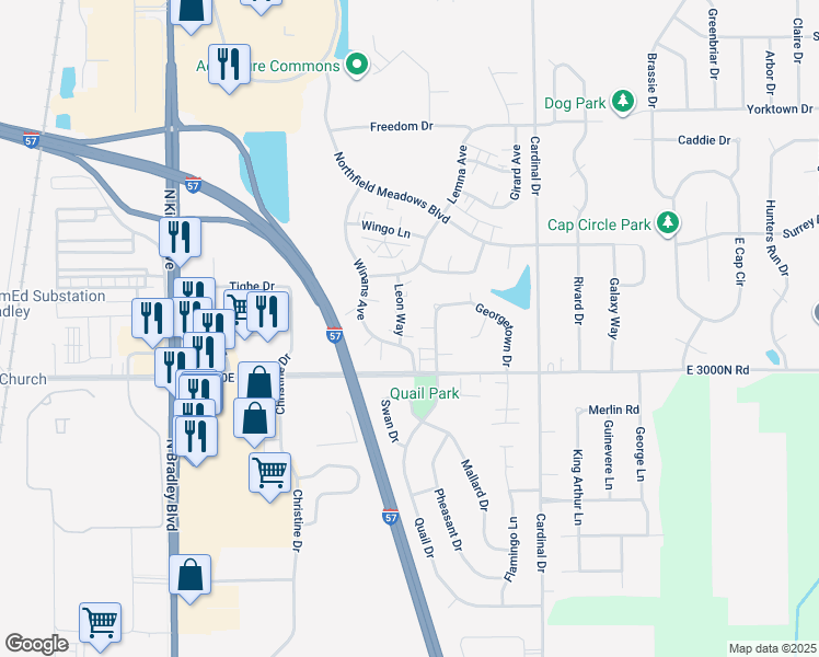 map of restaurants, bars, coffee shops, grocery stores, and more near 1337 Potomac Place in Bourbonnais