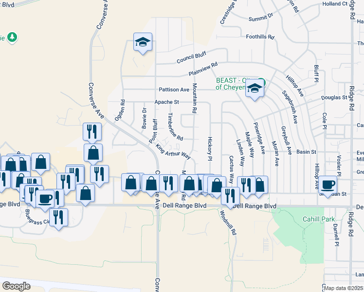 map of restaurants, bars, coffee shops, grocery stores, and more near 5061 Timberline Road in Cheyenne