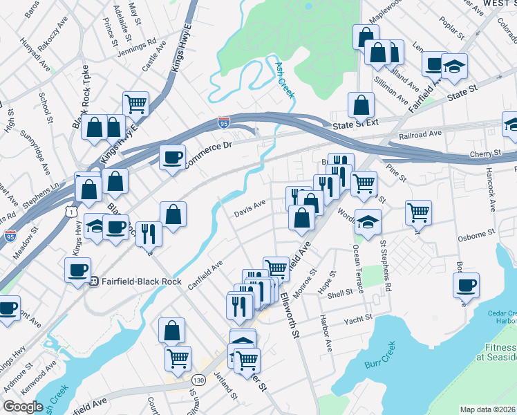 map of restaurants, bars, coffee shops, grocery stores, and more near 21 Davis Avenue in Bridgeport