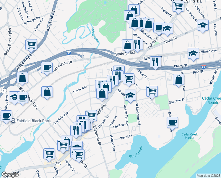 map of restaurants, bars, coffee shops, grocery stores, and more near 31 Whittier Street in Bridgeport