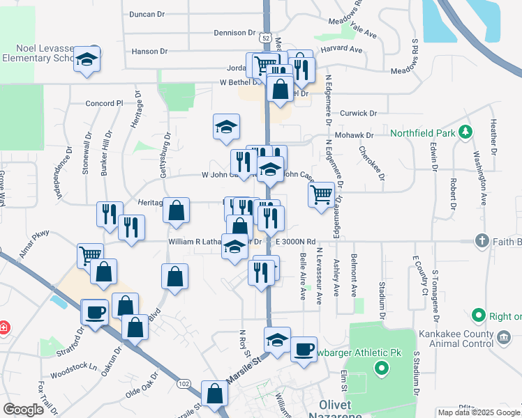 map of restaurants, bars, coffee shops, grocery stores, and more near in Bourbonnais