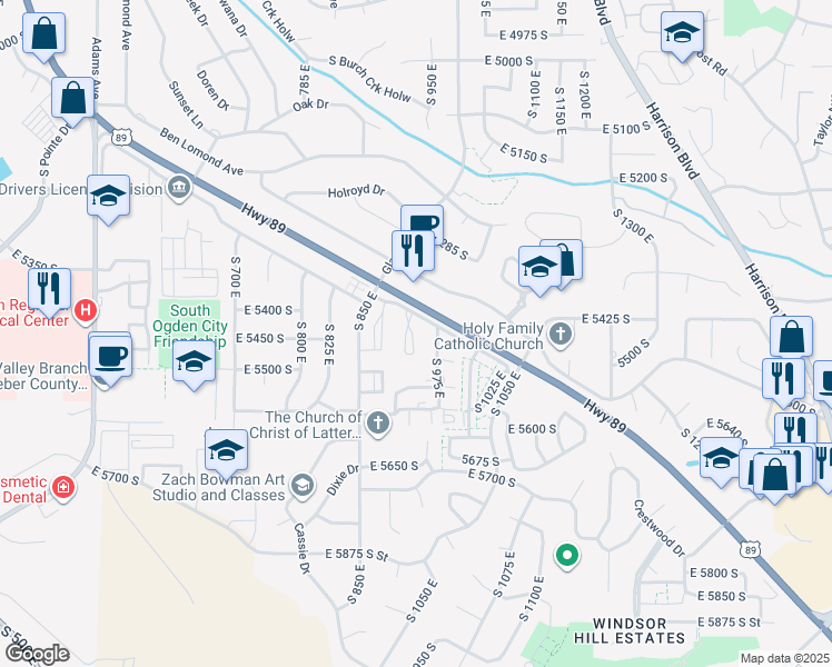 map of restaurants, bars, coffee shops, grocery stores, and more near 856 East 5575 South in Ogden