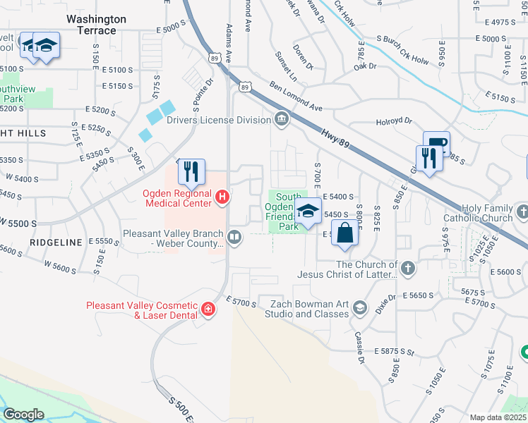 map of restaurants, bars, coffee shops, grocery stores, and more near 5522 South 600 East in Ogden
