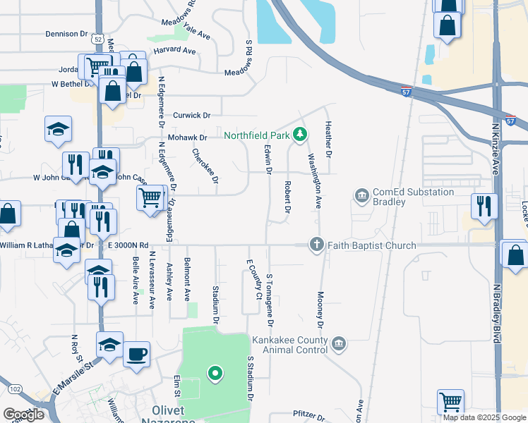 map of restaurants, bars, coffee shops, grocery stores, and more near 607 Edwin Drive in Bourbonnais