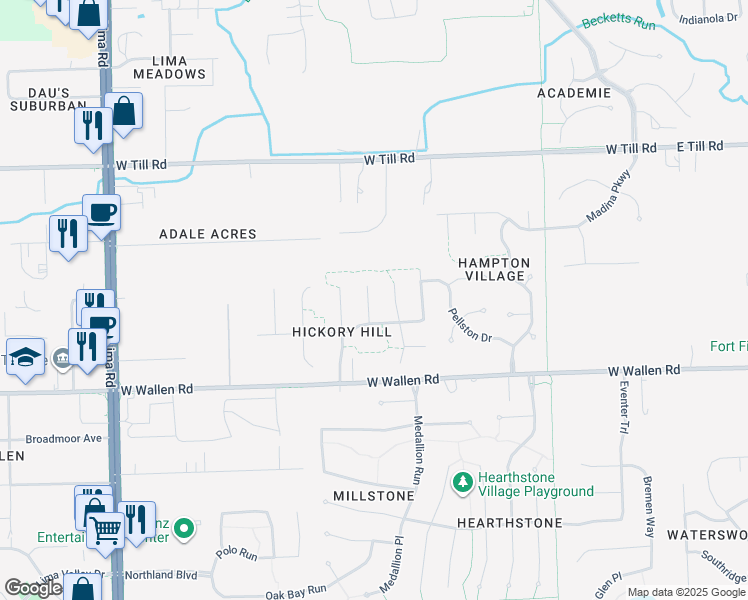 map of restaurants, bars, coffee shops, grocery stores, and more near 9014 Dartford Court in Fort Wayne