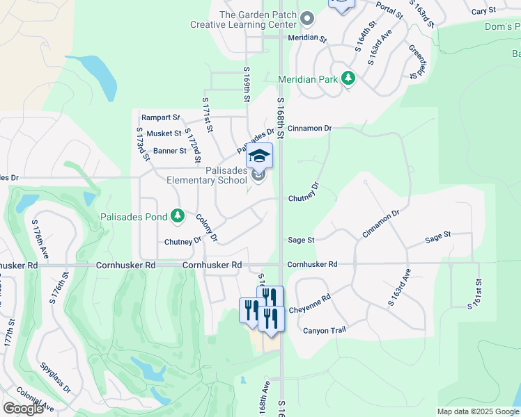 map of restaurants, bars, coffee shops, grocery stores, and more near 16812 Colony Circle in Omaha