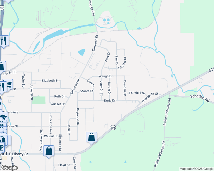 map of restaurants, bars, coffee shops, grocery stores, and more near 698 Burdie Drive in Hubbard