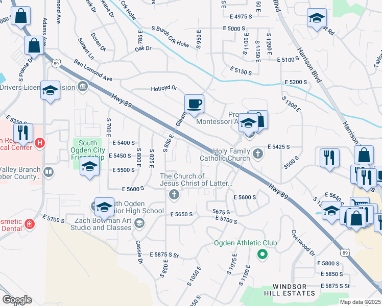 map of restaurants, bars, coffee shops, grocery stores, and more near 5448 South 925 East in South Ogden