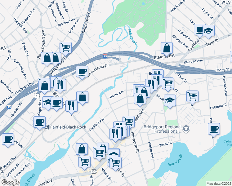 map of restaurants, bars, coffee shops, grocery stores, and more near 86 Davis Avenue in Bridgeport