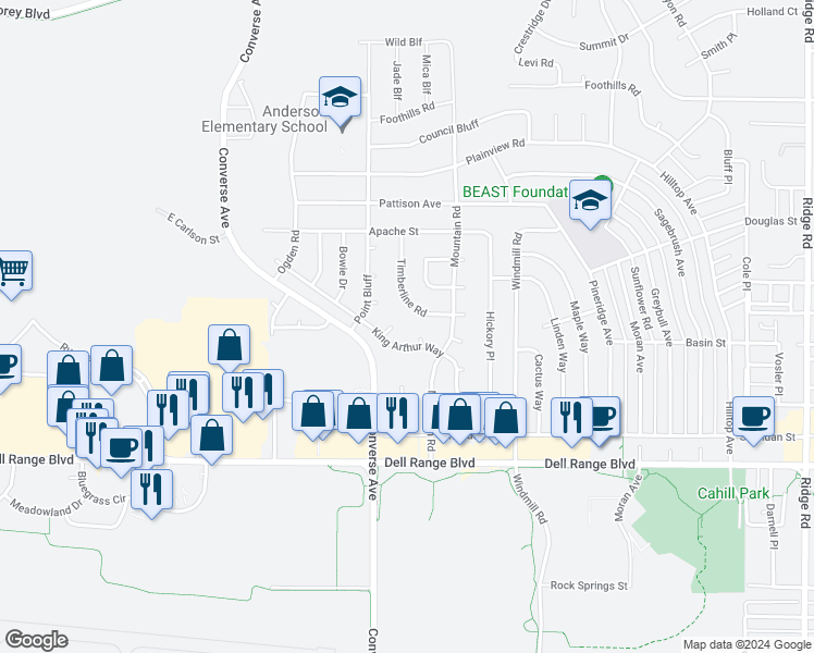map of restaurants, bars, coffee shops, grocery stores, and more near 5061 Timberline Road in Cheyenne