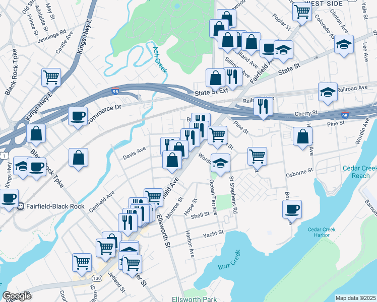 map of restaurants, bars, coffee shops, grocery stores, and more near 58 Whittier Street in Bridgeport
