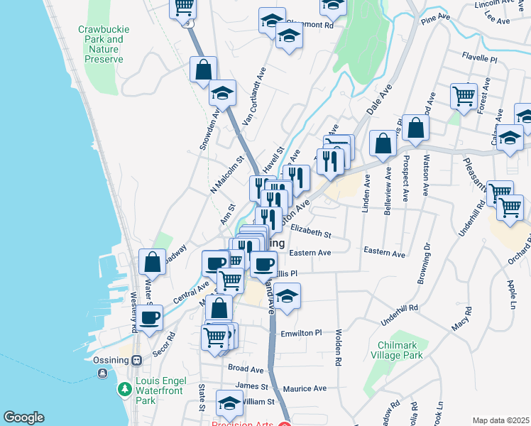 map of restaurants, bars, coffee shops, grocery stores, and more near 58 North Highland Avenue in Ossining