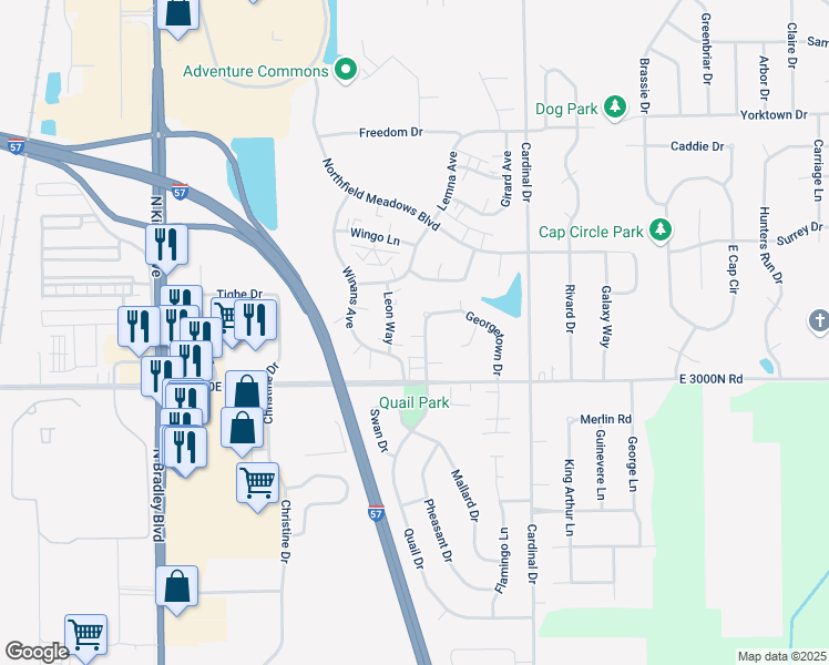 map of restaurants, bars, coffee shops, grocery stores, and more near 1337 Potomac Place in Bourbonnais