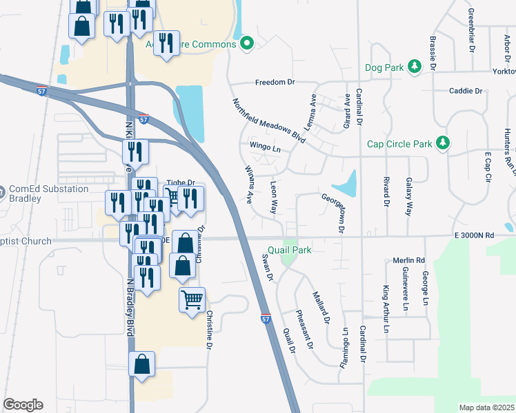 map of restaurants, bars, coffee shops, grocery stores, and more near 1227 Leon Way in Bourbonnais