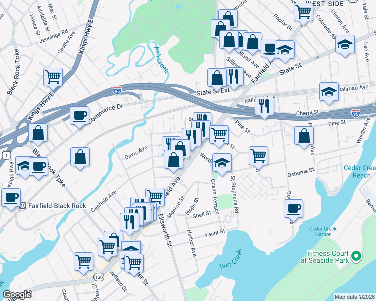 map of restaurants, bars, coffee shops, grocery stores, and more near 25 Whittier Street in Bridgeport