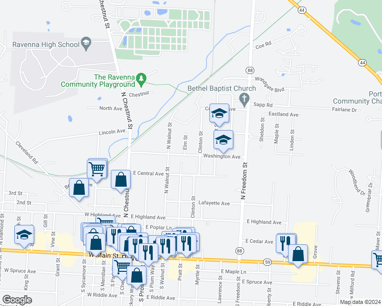map of restaurants, bars, coffee shops, grocery stores, and more near 327 Washington Avenue in Ravenna