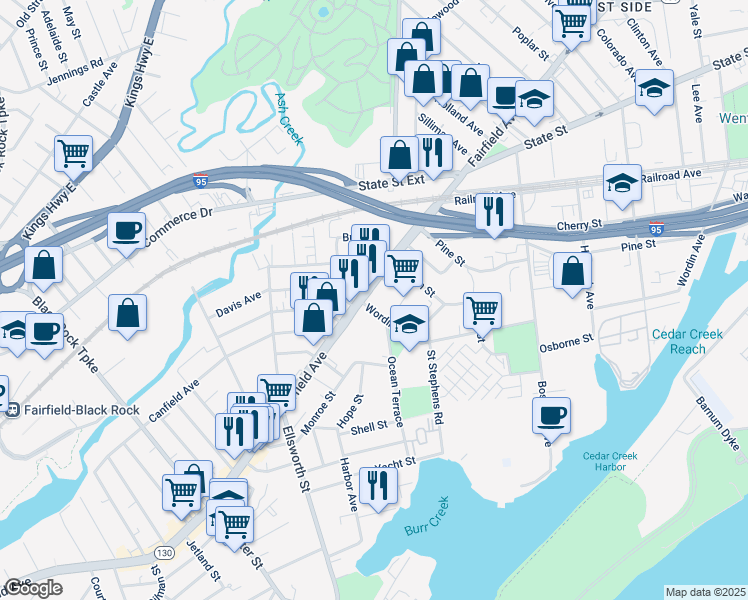 map of restaurants, bars, coffee shops, grocery stores, and more near 2201 Fairfield Avenue in Bridgeport