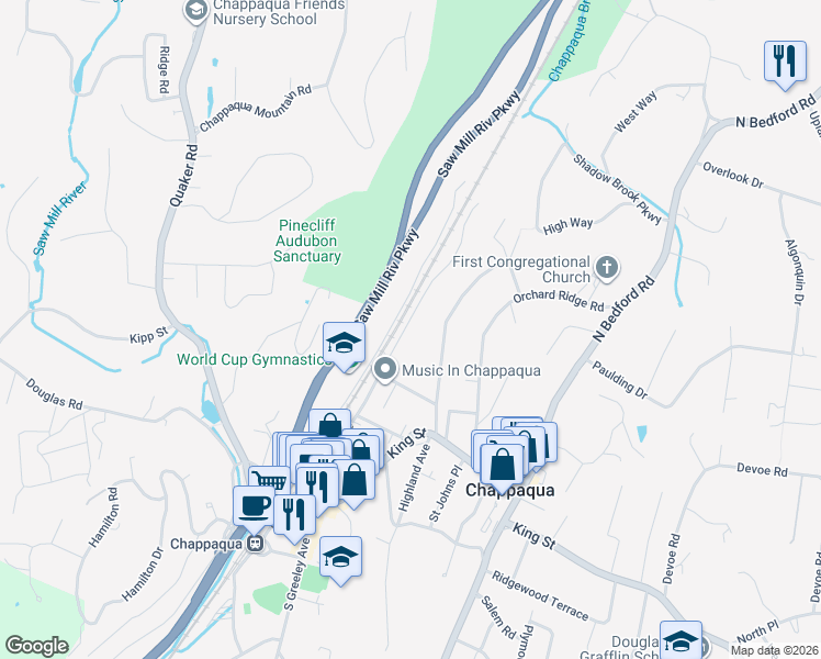 map of restaurants, bars, coffee shops, grocery stores, and more near 353 North Greeley Avenue in Chappaqua