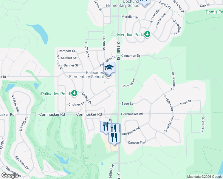 map of restaurants, bars, coffee shops, grocery stores, and more near 16812 Colony Circle in Omaha