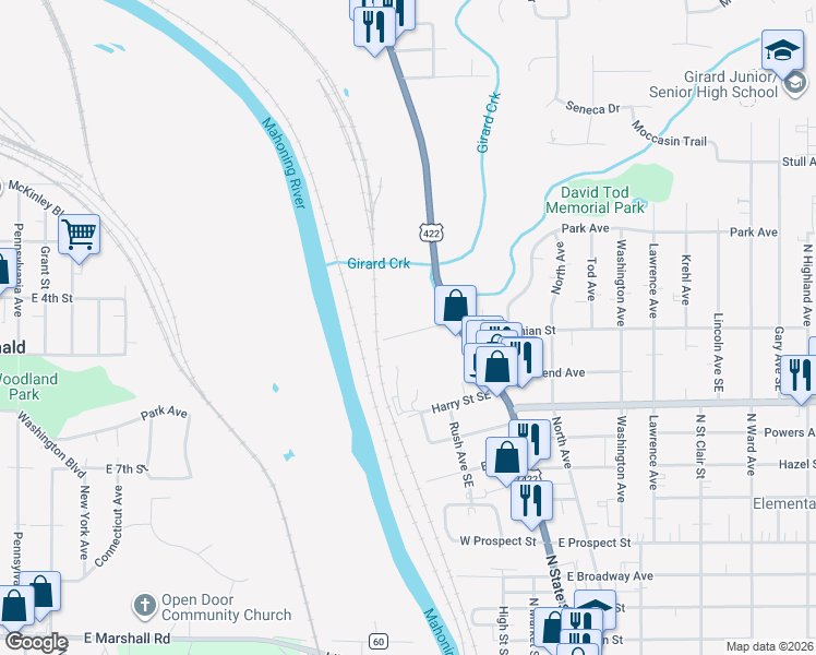 map of restaurants, bars, coffee shops, grocery stores, and more near 50 Gordon Street in Girard