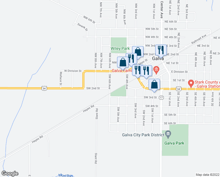 map of restaurants, bars, coffee shops, grocery stores, and more near 201 Southwest 6th Avenue in Galva