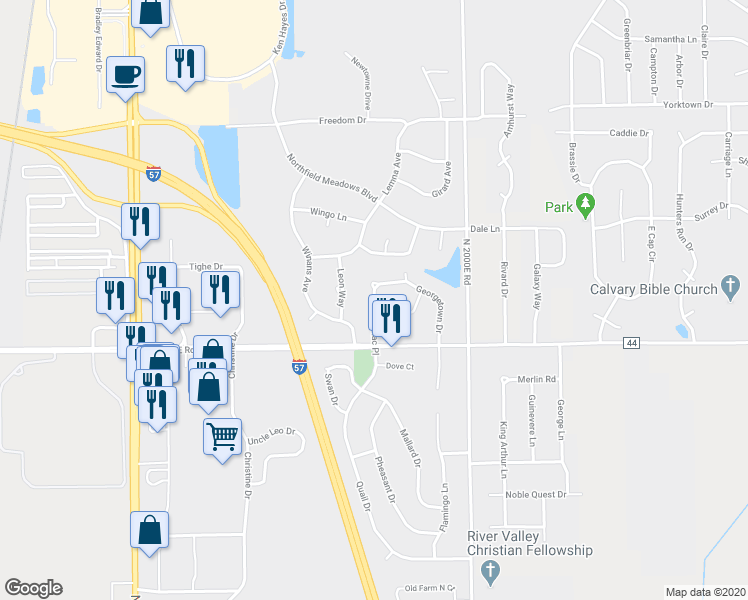 map of restaurants, bars, coffee shops, grocery stores, and more near 1356 Potomac Place in Bourbonnais