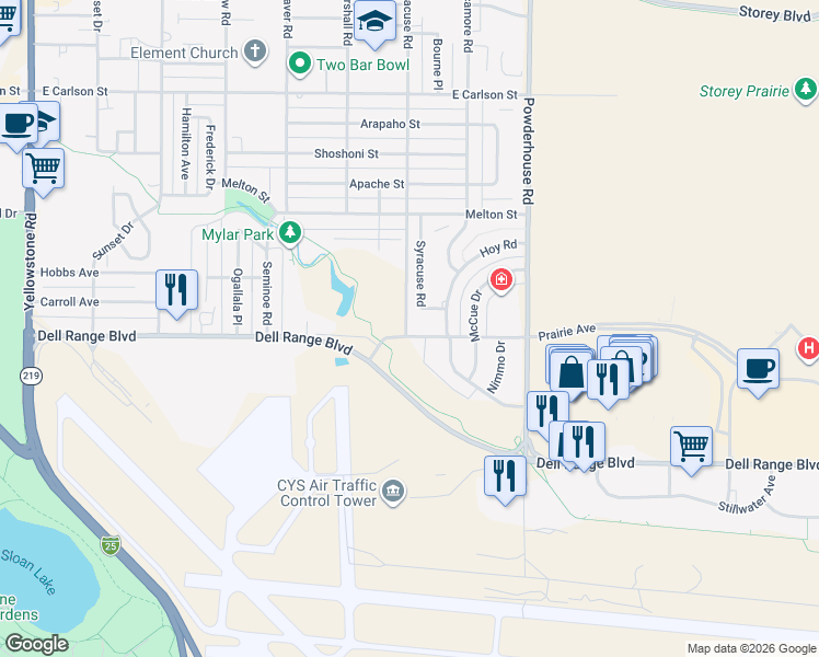 map of restaurants, bars, coffee shops, grocery stores, and more near 902 Prairie Avenue in Cheyenne