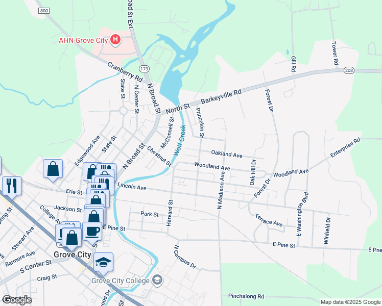 map of restaurants, bars, coffee shops, grocery stores, and more near 300-398 Oakland Ave in Grove City