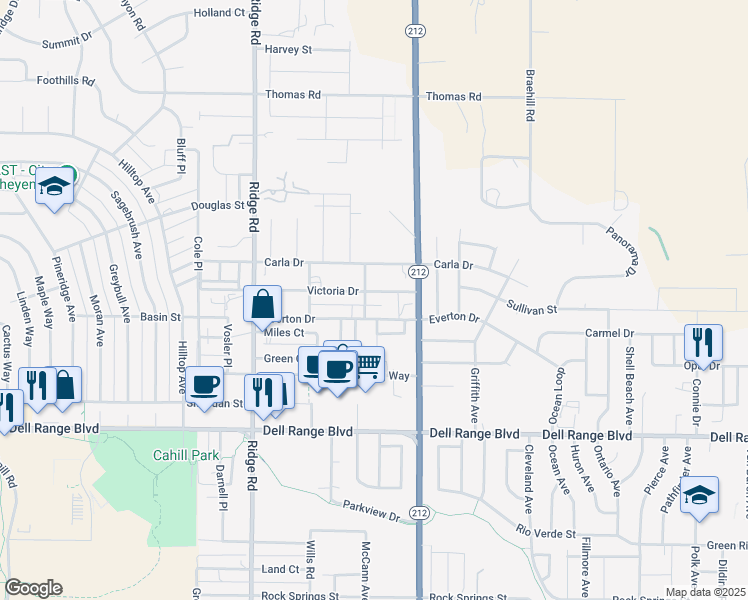 map of restaurants, bars, coffee shops, grocery stores, and more near 3805 Victoria Drive in Cheyenne