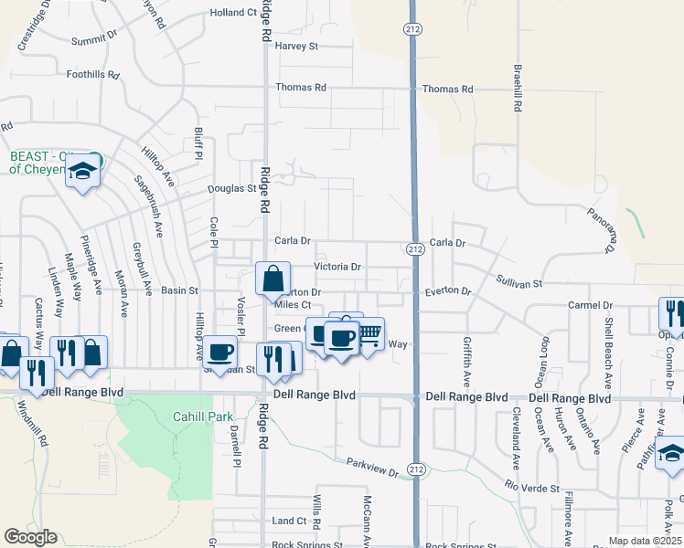 map of restaurants, bars, coffee shops, grocery stores, and more near 3617 Victoria Drive in Cheyenne