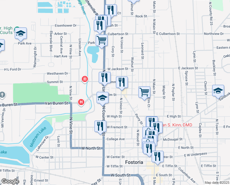 map of restaurants, bars, coffee shops, grocery stores, and more near 328 Elm Street in Fostoria