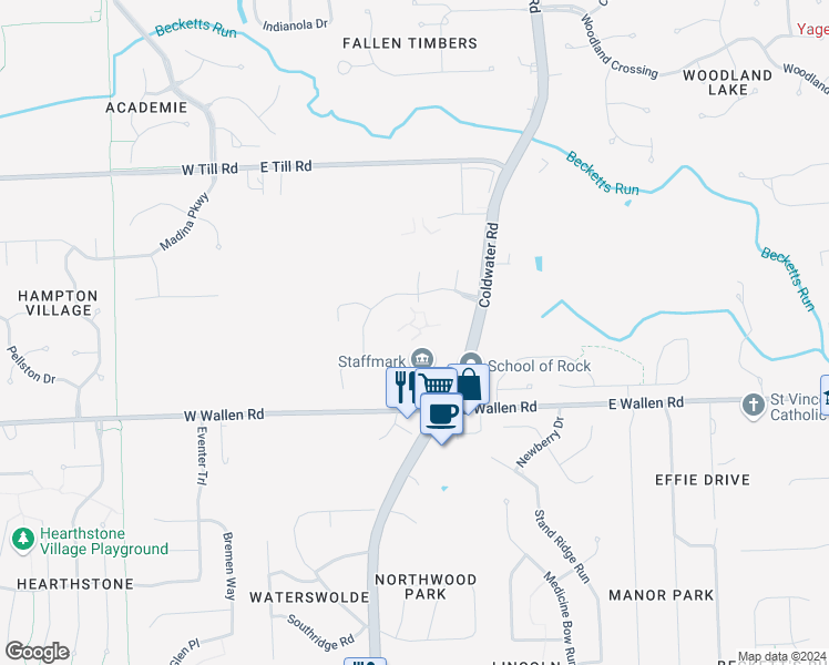 map of restaurants, bars, coffee shops, grocery stores, and more near 508 Wallen Hills Drive in Fort Wayne
