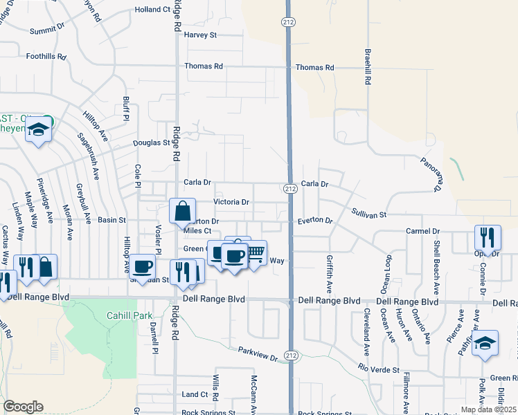 map of restaurants, bars, coffee shops, grocery stores, and more near 3805 Victoria Drive in Cheyenne