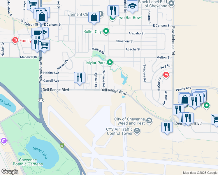 map of restaurants, bars, coffee shops, grocery stores, and more near 708 Dell Range Boulevard in Cheyenne