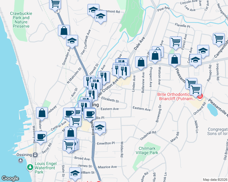 map of restaurants, bars, coffee shops, grocery stores, and more near 68 Croton Avenue in Ossining