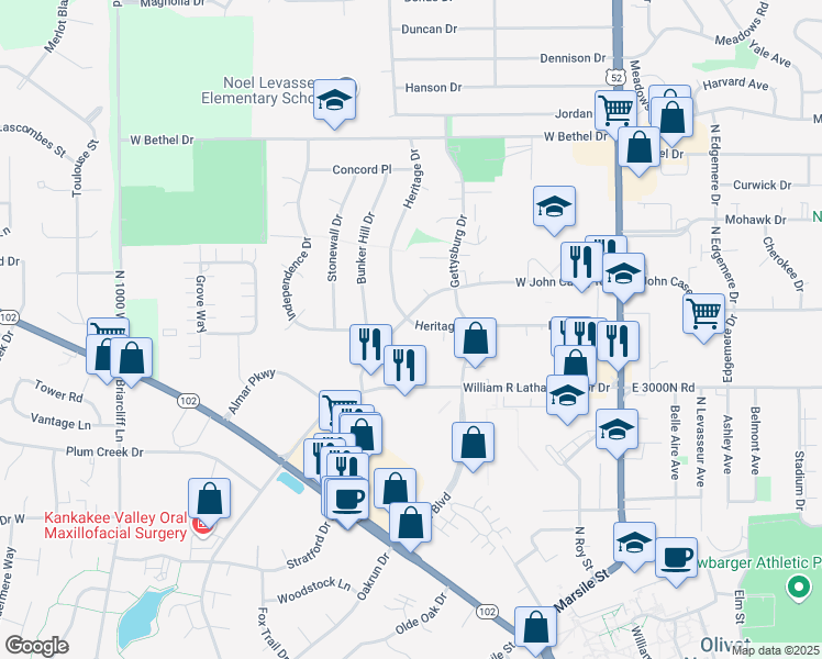 map of restaurants, bars, coffee shops, grocery stores, and more near 420 West John Casey Road in Bourbonnais