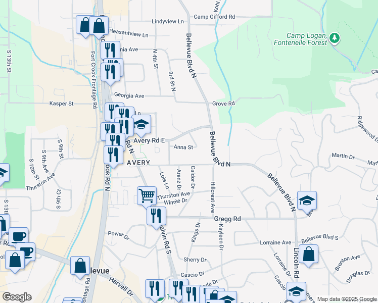 map of restaurants, bars, coffee shops, grocery stores, and more near 1801 Anna Street in Bellevue