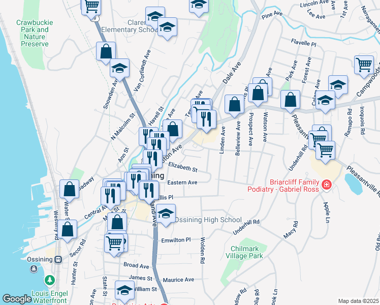 map of restaurants, bars, coffee shops, grocery stores, and more near 70 Croton Avenue in Ossining