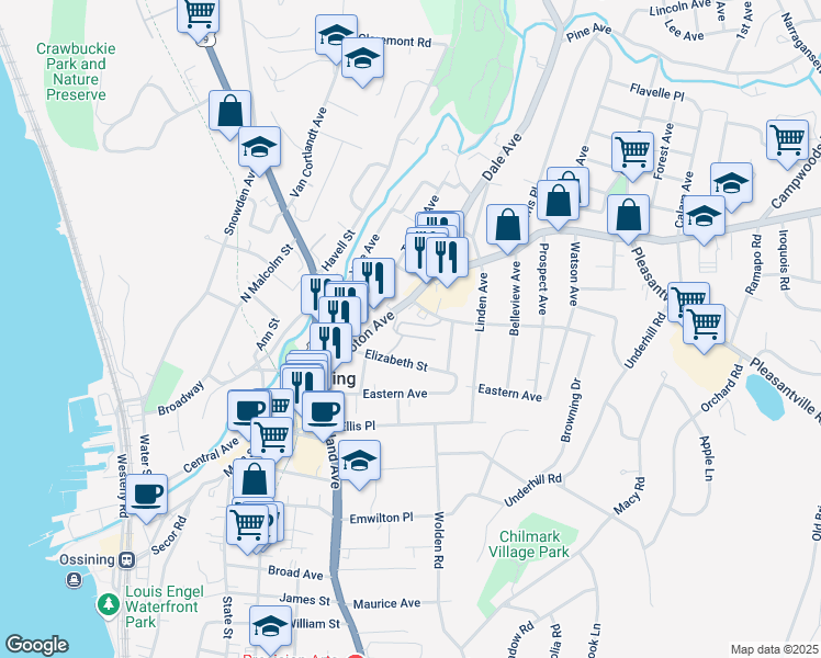 map of restaurants, bars, coffee shops, grocery stores, and more near 68 Croton Avenue in Ossining