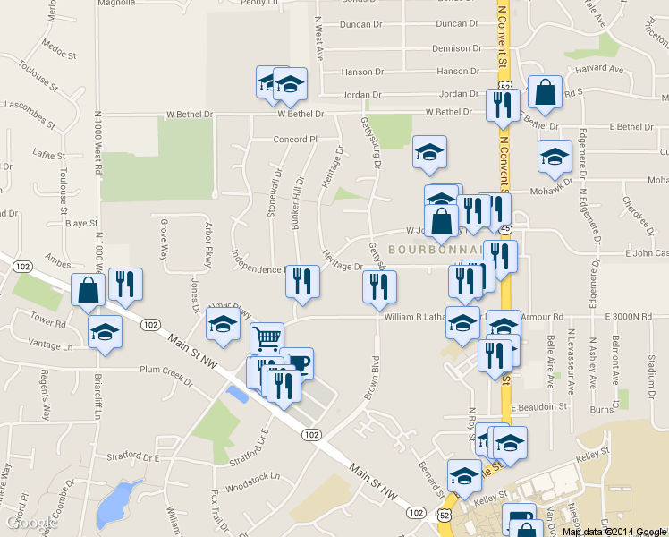 map of restaurants, bars, coffee shops, grocery stores, and more near 420 West John Casey Road in Bourbonnais