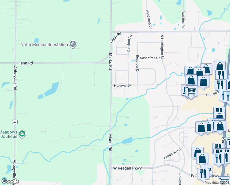 map of restaurants, bars, coffee shops, grocery stores, and more near 4015 Marks Road in Medina