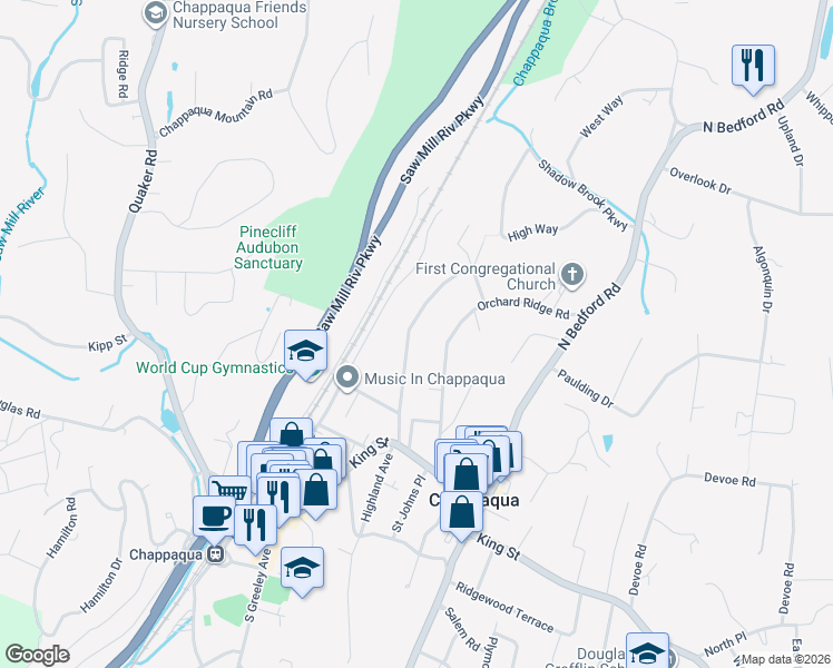 map of restaurants, bars, coffee shops, grocery stores, and more near 111 Castle Road in Chappaqua